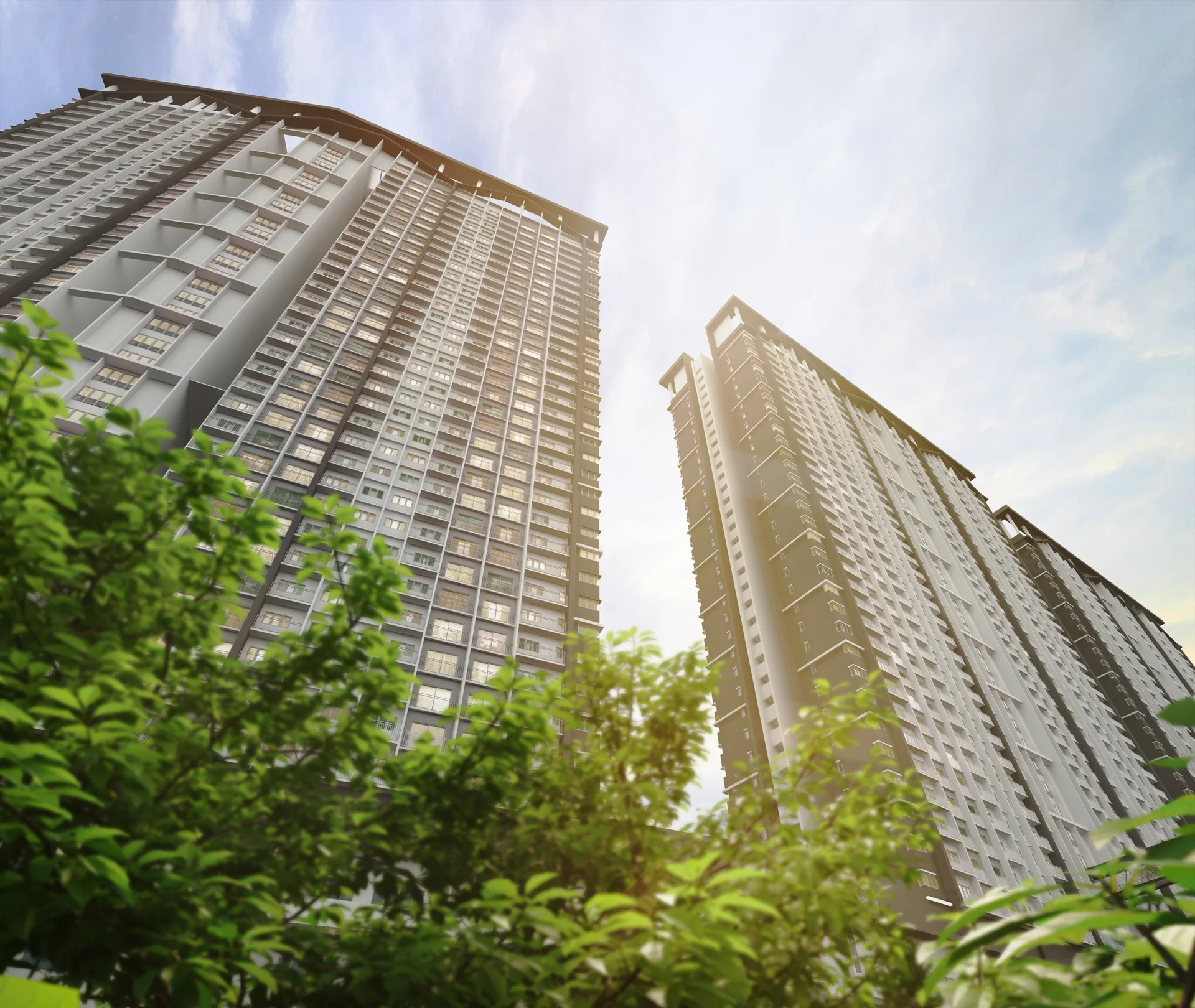 Exterior type: high-rise condominium; features: glass curtain wall, white painted facade, recessed balconies, approximately 20-storey high-rise, surrounded by mature greenery; style: modern.